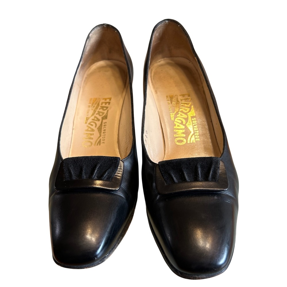 Salvatore Ferragamo‎ Pumps 8 AA Black Leather Ruched Buckle Heels